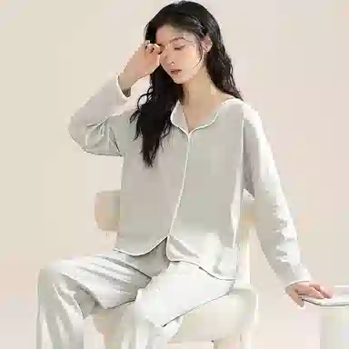 欧迪芬 纯棉翻领纯色舒适透气睡衣套装 女款 绿色