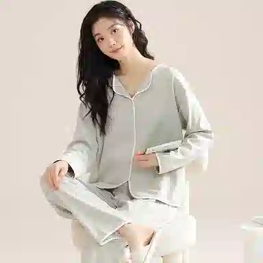 欧迪芬 纯棉翻领纯色舒适透气睡衣套装 女款 绿色