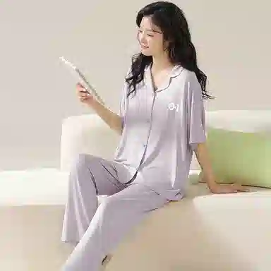 欧迪芬 莫代尔凉感透气亲肤舒适翻领开衫短袖休闲纯色简约风睡衣套装 女款 紫色