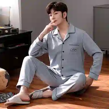 欧迪芬 家居格子图案开衫翻领长袖长裤睡衣套装 男款 天蓝色