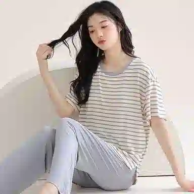 欧迪芬 莫代尔凉感带胸垫透气套头短袖纯色休闲长裤可外穿睡衣套装 女款