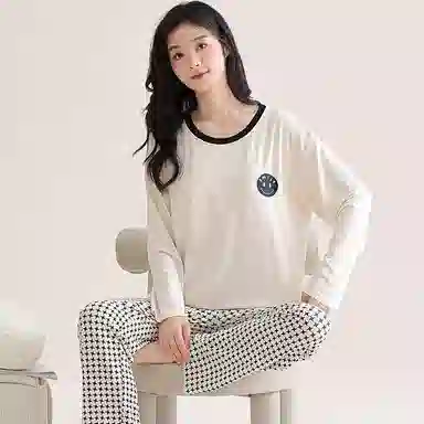 欧迪芬 笑脸印花圆领套头长袖长裤睡衣套装 女款 白色