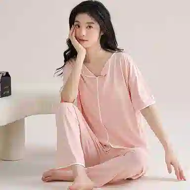 欧迪芬 莫代尔凉感带胸垫透气套头短袖纯色休闲长裤可外穿睡衣套装 女款