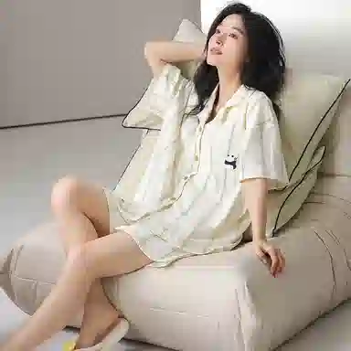 欧迪芬 轻薄舒适轻盈微弹小清新开衫翻领家居服可外穿睡衣套装 女款