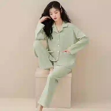 欧迪芬 撞色翻领口袋上衣纯色透气裤子睡衣套装 女款 淡青色