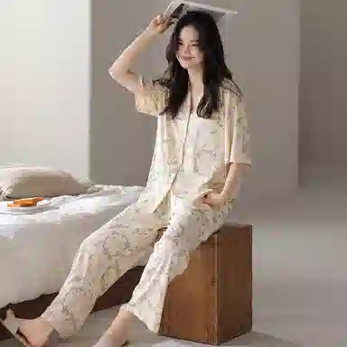 欧迪芬 柔软亲肤小清新五分袖长裤小翻领睡衣套装 女款