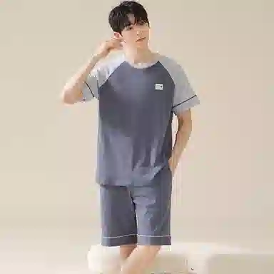 欧迪芬 撞色圆领插肩短袖上衣松紧腰短裤睡衣套装 男款 石板灰