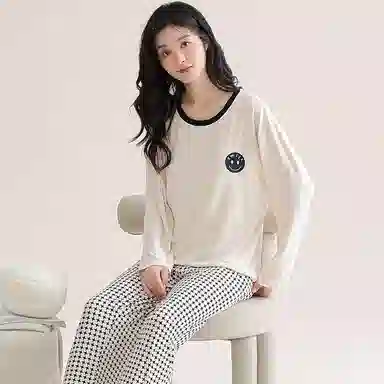 欧迪芬 笑脸印花圆领套头长袖长裤睡衣套装 女款 白色