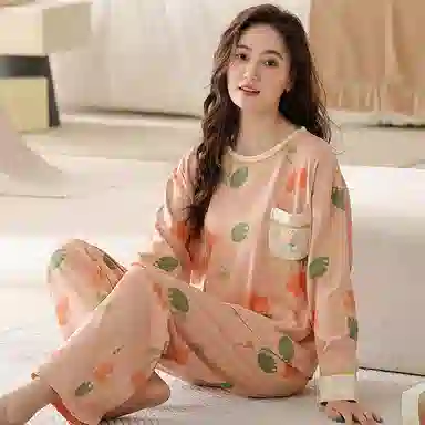 欧迪芬 高雅系列 可爱花朵印花图案带胸垫圆领套头上衣松紧腰长裤睡衣套装 女款 橘红色