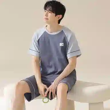 欧迪芬 撞色圆领插肩短袖上衣松紧腰短裤睡衣套装 男款 石板灰