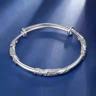 谧月珠宝 繁花似锦 推拉年轻  小众高级感 可调节素圈叠戴 实心简约 新中式小众高级感 国风雕刻轻奢古法 合金 手镯 女款