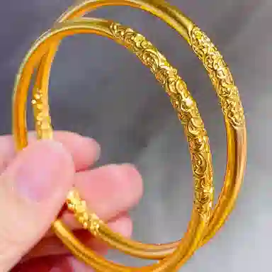 谧月珠宝 古法双边如意卷草纹 复古新中式 花纹花卉气质优雅 合金 手镯 女款