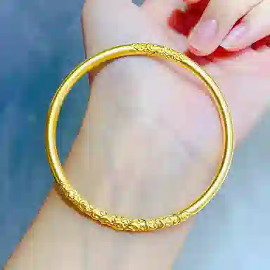 谧月珠宝 古法双边如意卷草纹 复古新中式 花纹花卉气质优雅 合金 手镯 女款