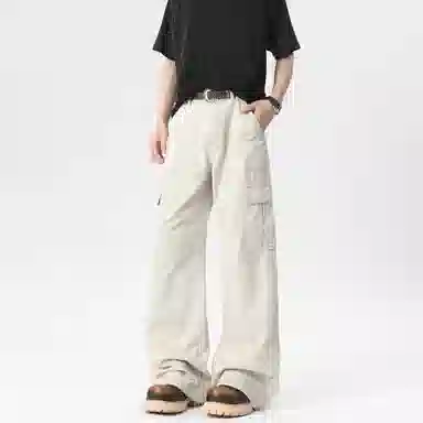 徐太浪 美式复古褶皱设计直筒机能伞兵宽松中腰显高显瘦垂坠感工装休闲裤 男女同款