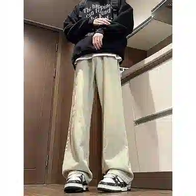 八哥 美式复古高街简约基础款水洗做旧磨白废土风半松紧中腰直筒休闲宽松百搭纯色加厚显高舒适牛仔裤 男女同款