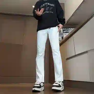 八哥 美式高街简约基础款水洗做旧宽松直筒高腰系带休闲百搭弹力垂感日常通勤牛仔裤 男女同款