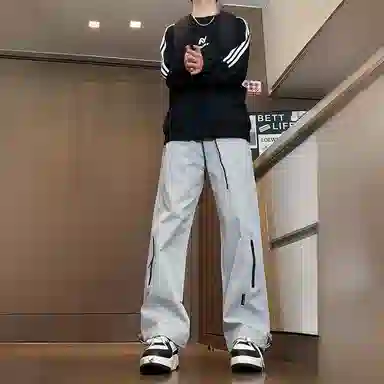 八哥 美式高街侧拉链褶皱款防水户外机能冲锋纯色基础款冰丝凉感宽松直筒垂直微喇休闲裤 男女同款