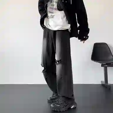 八哥 美式高街复古磨破破洞设计中腰系带直筒宽松垂感休闲长裤水洗磨白做旧百搭日常通勤牛仔裤 男女同款