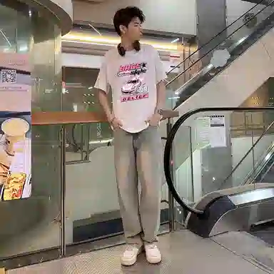 八哥 美式高街简约基础款创意跑车系列纯棉短袖上衣搭配水洗做旧直筒裤休闲运动套装 男女同款