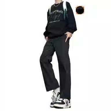 八哥 美式高街侧拉链褶皱款防水户外机能冲锋纯色基础款冰丝凉感宽松直筒垂直微喇休闲裤 男女同款