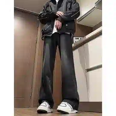八哥 美式复古高街简约基础款水洗做旧磨白废土风半松紧中腰直筒休闲宽松百搭纯色加厚显高舒适牛仔裤 男女同款