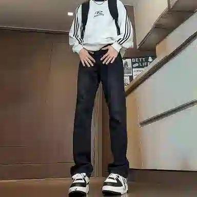 八哥 美式高街简约基础款水洗做旧宽松直筒高腰系带休闲百搭弹力垂感日常通勤牛仔裤 男女同款