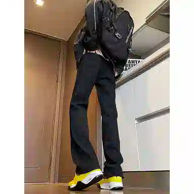 八哥 美式复古高街简约基础款水洗做旧磨白废土风半松紧中腰直筒休闲宽松百搭纯色加厚显高舒适牛仔裤 男女同款