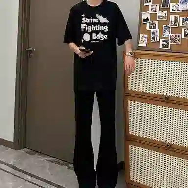 八哥 美式高街简约基础款创意浅色系列短袖上衣搭配水洗做旧直筒裤休闲运动套装 男女同款