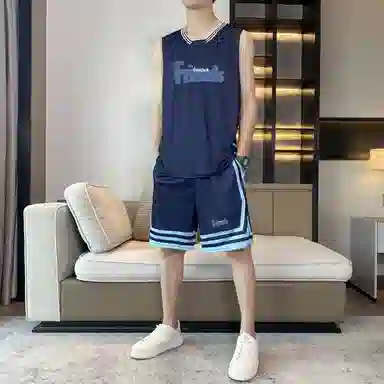 八哥 条纹拼接撞色字母印花背心宽松百搭时尚短裤大码休闲运动套装 男女同款 黑色
