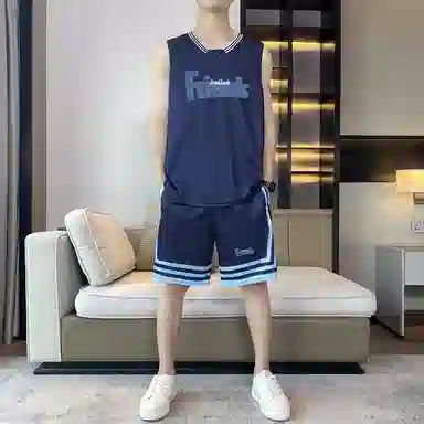 八哥 条纹拼接撞色字母印花背心宽松百搭时尚短裤大码休闲运动套装 男女同款 黑色
