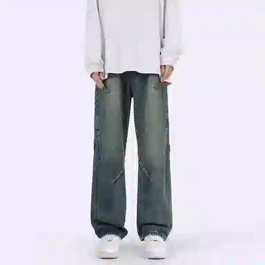 八哥 美式复古高街废土风褶皱设计水洗做旧宽松直筒弹力垂感阔腿显高显瘦微喇舒适直筒百搭工装裤休闲牛仔裤 男女同款