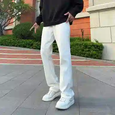八哥 美式高街暗夜弯刀极简通勤经典款宽松直筒做旧百搭复古纯色堆积感轻水洗牛仔裤 男女同款