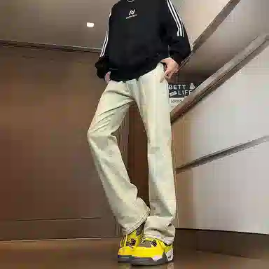 八哥 美式高街简约基础款水洗做旧宽松直筒高腰系带休闲百搭弹力垂感日常通勤牛仔裤 男女同款