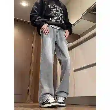 八哥 美式复古高街简约基础款水洗做旧磨白废土风半松紧中腰直筒休闲宽松百搭纯色加厚显高舒适牛仔裤 男女同款