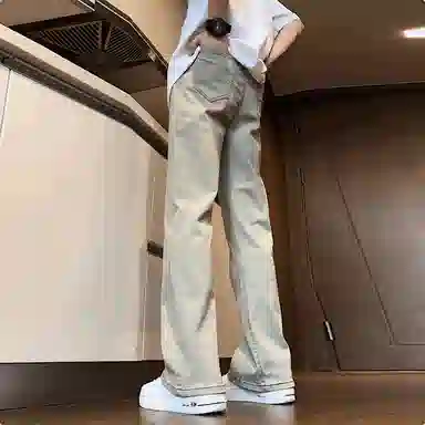 八哥 美式复古高街【弯刀黑牛】简约基础款水洗做旧中腰系带修身纯色直筒阔腿百搭弹力黄泥染薄款微喇牛仔裤 男女同款