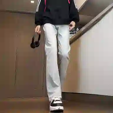 八哥 美式高街简约基础款水洗做旧宽松直筒高腰系带休闲百搭弹力垂感日常通勤牛仔裤 男女同款