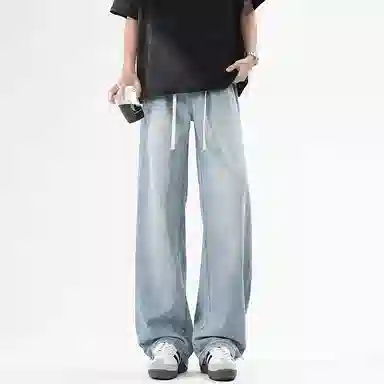 八哥 美式夏季复古高街风冰丝薄款基础款阔腿裤时尚百搭个性垂感松紧系带宽松舒适透气休闲牛仔裤 男女同款