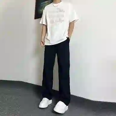 八哥 美式高街简约基础款创意浅色系列短袖上衣搭配水洗做旧直筒裤休闲运动套装 男女同款