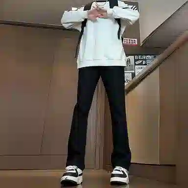 八哥 美式高街简约基础款水洗做旧宽松直筒高腰系带休闲百搭弹力垂感日常通勤牛仔裤 男女同款