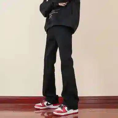 八哥 美式弯刀高街纯色基础款复古水洗做旧高腰提档百搭弹力宽松直筒阔腿垂感薄款显高显瘦微喇软牛仔裤 男女同款