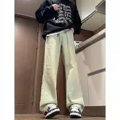 八哥 美式复古高街简约基础款水洗做旧磨白废土风半松紧中腰直筒休闲宽松百搭纯色加厚显高舒适牛仔裤 男女同款