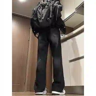 八哥 美式复古高街简约基础款水洗做旧磨白废土风半松紧中腰直筒休闲宽松百搭纯色加厚显高舒适牛仔裤 男女同款