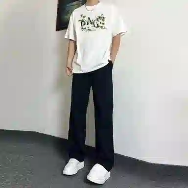 八哥 美式高街简约基础款创意花朵字母短袖做旧纯色长裤休闲运动套装 男女同款