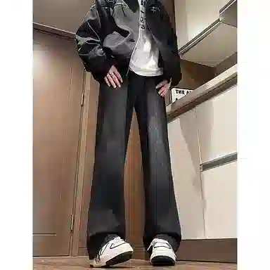 八哥 美式复古高街简约基础款水洗做旧磨白废土风半松紧中腰直筒休闲宽松百搭纯色加厚显高舒适牛仔裤 男女同款