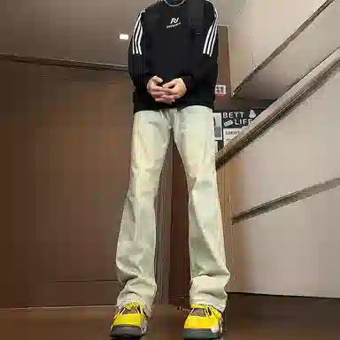 八哥 美式高街简约基础款水洗做旧宽松直筒高腰系带休闲百搭弹力垂感日常通勤牛仔裤 男女同款