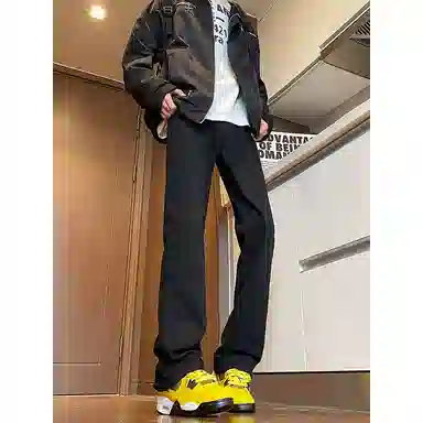 八哥 美式复古高街简约基础款水洗做旧磨白废土风半松紧中腰直筒休闲宽松百搭纯色加厚显高舒适牛仔裤 男女同款