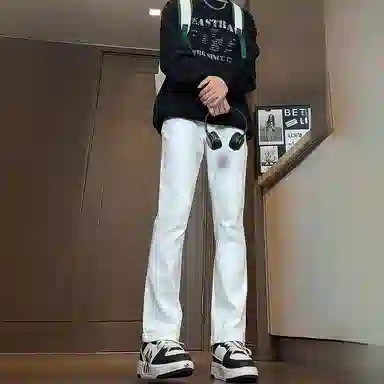 八哥 美式高街简约基础款水洗做旧宽松直筒高腰系带休闲百搭弹力垂感日常通勤牛仔裤 男女同款