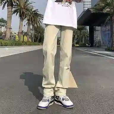 八哥 美式复古高街【弯刀黑牛】简约基础款水洗做旧中腰系带修身纯色直筒阔腿百搭弹力黄泥染薄款微喇牛仔裤 男女同款