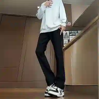 八哥 美式高街简约基础款水洗做旧宽松直筒高腰系带休闲百搭弹力垂感日常通勤牛仔裤 男女同款