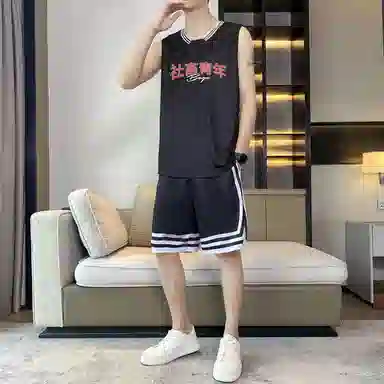 八哥 条纹撞色拼接字母印花背心宽松百搭短裤休闲运动套装 男女同款 黑色